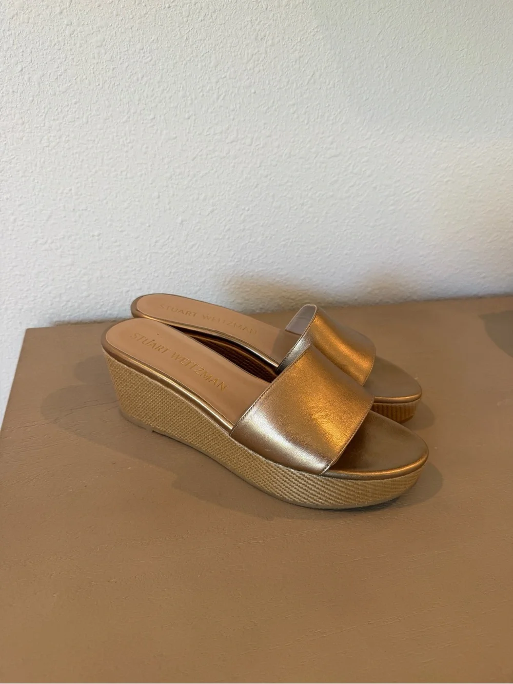 Stuart Weitzman Gold Wedge Slide Sandals - Picture 1 of 6